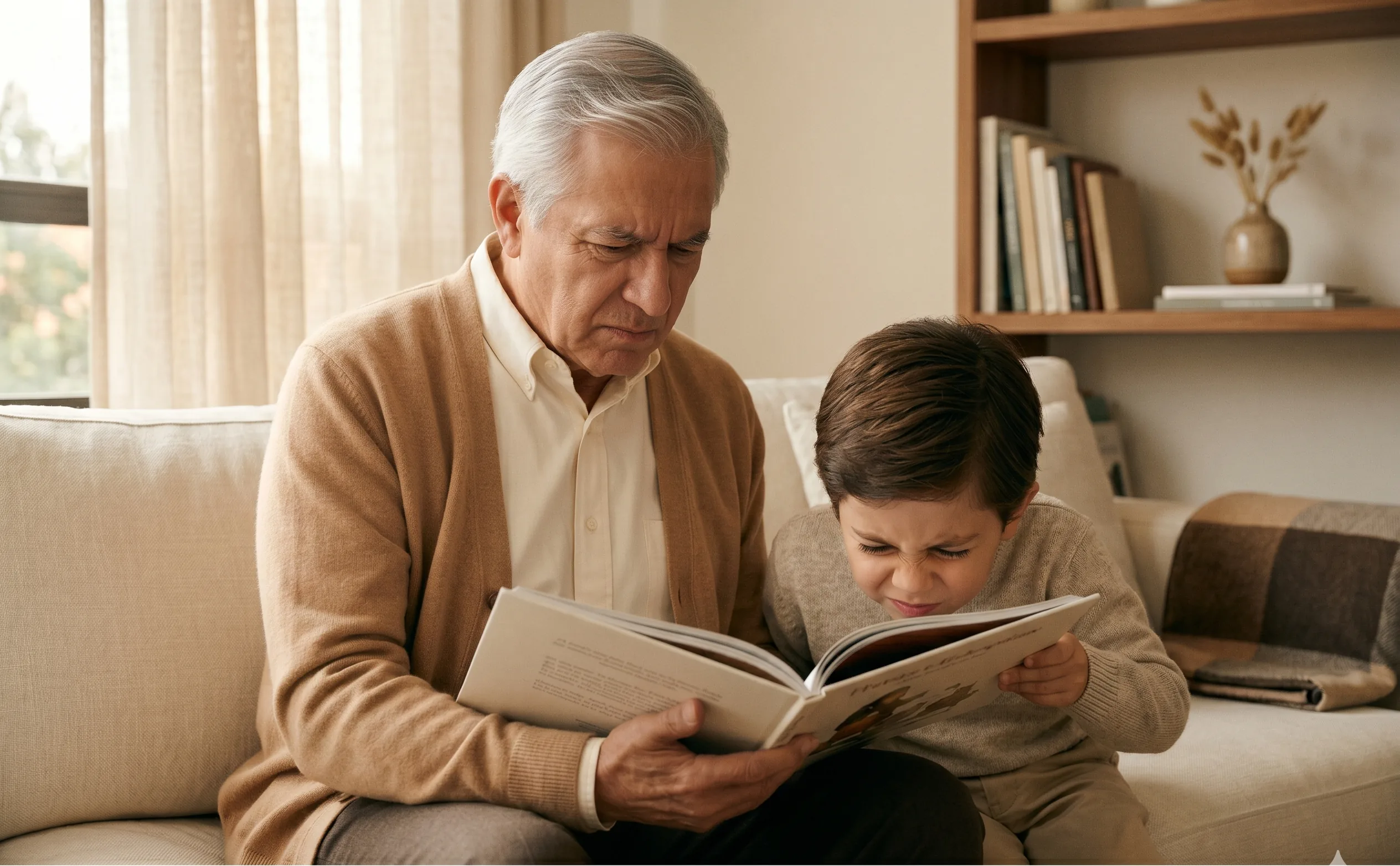 Abuelo y nieto forzando la vista sin gafas