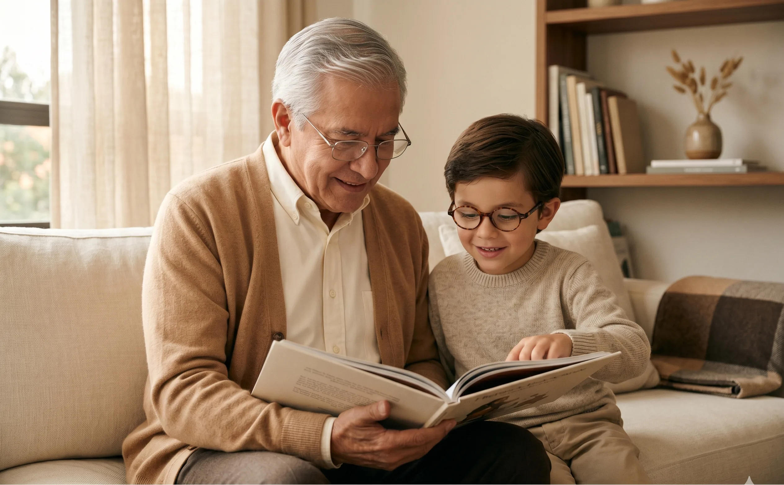 Abuelo y nieto leyendo felices con sus gafas