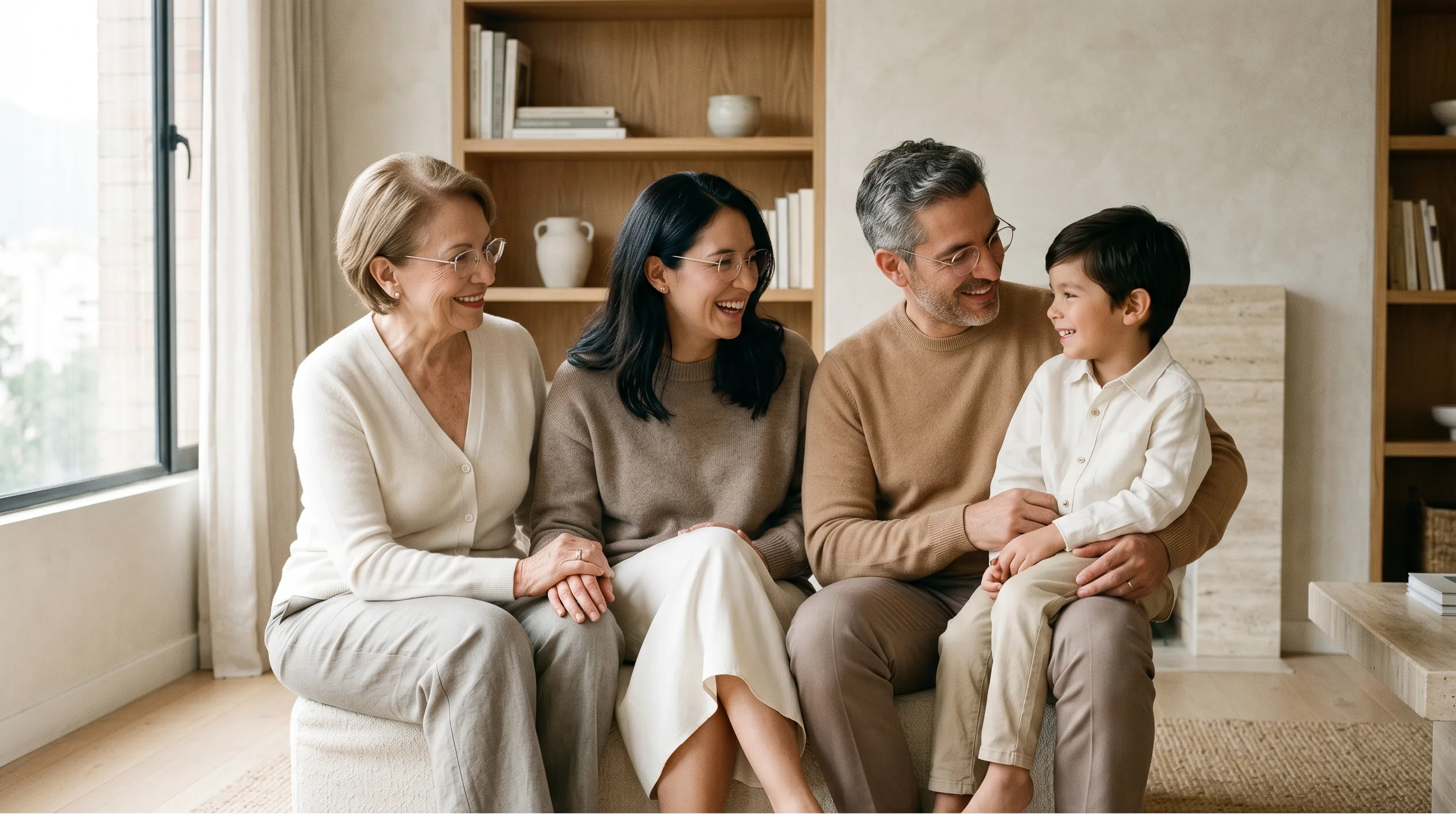 Familia multigeneracional con gafas, cuidando su salud visual