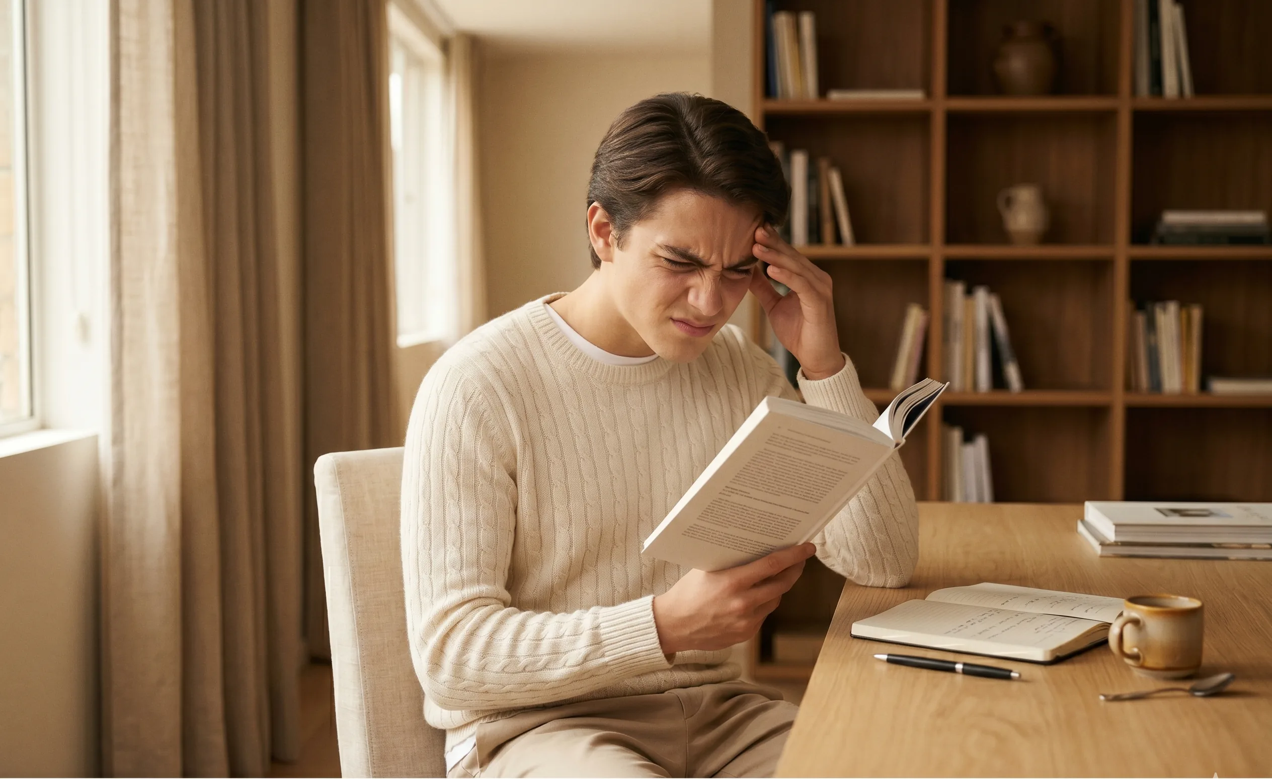 Joven forzando la vista al leer