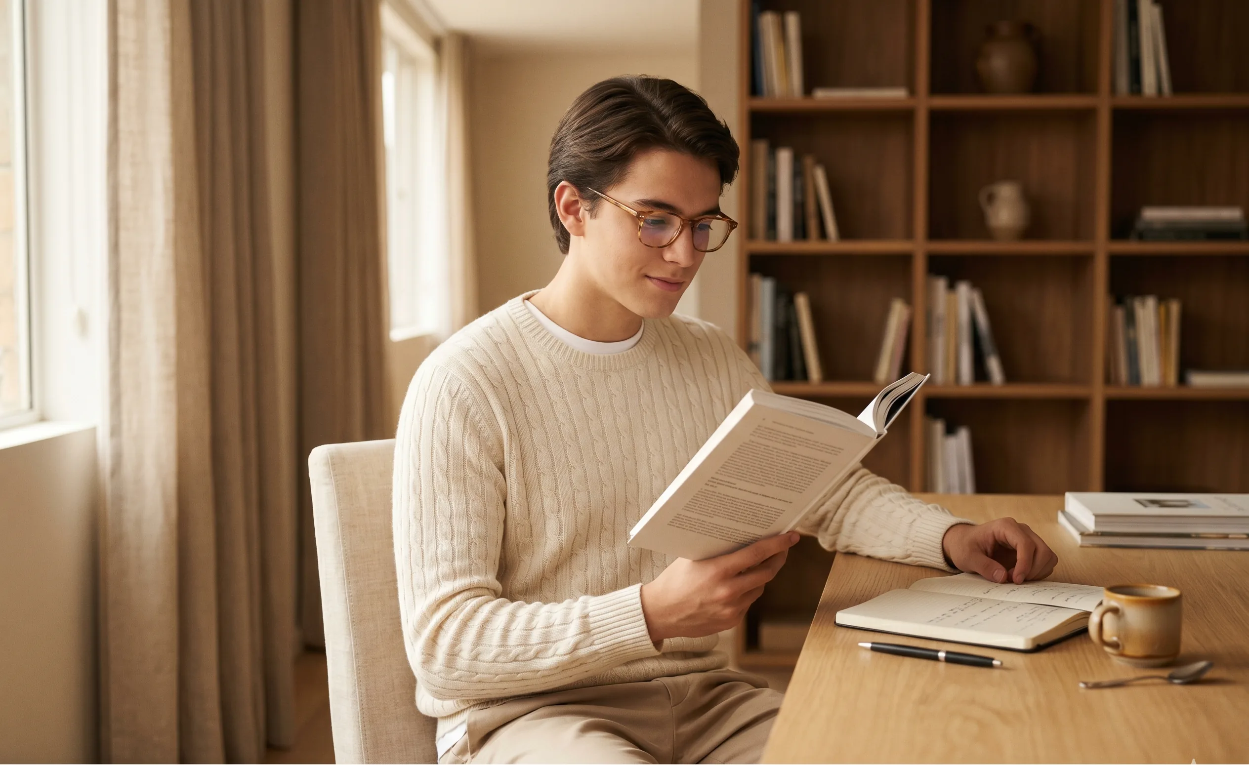 Joven leyendo cómodo con sus gafas